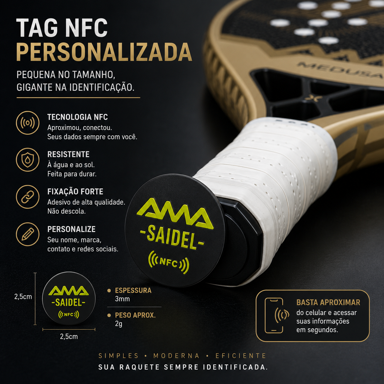 Tag NFC personalizada de 2,5 cm fixada no copinho de uma raquete de beach tennis